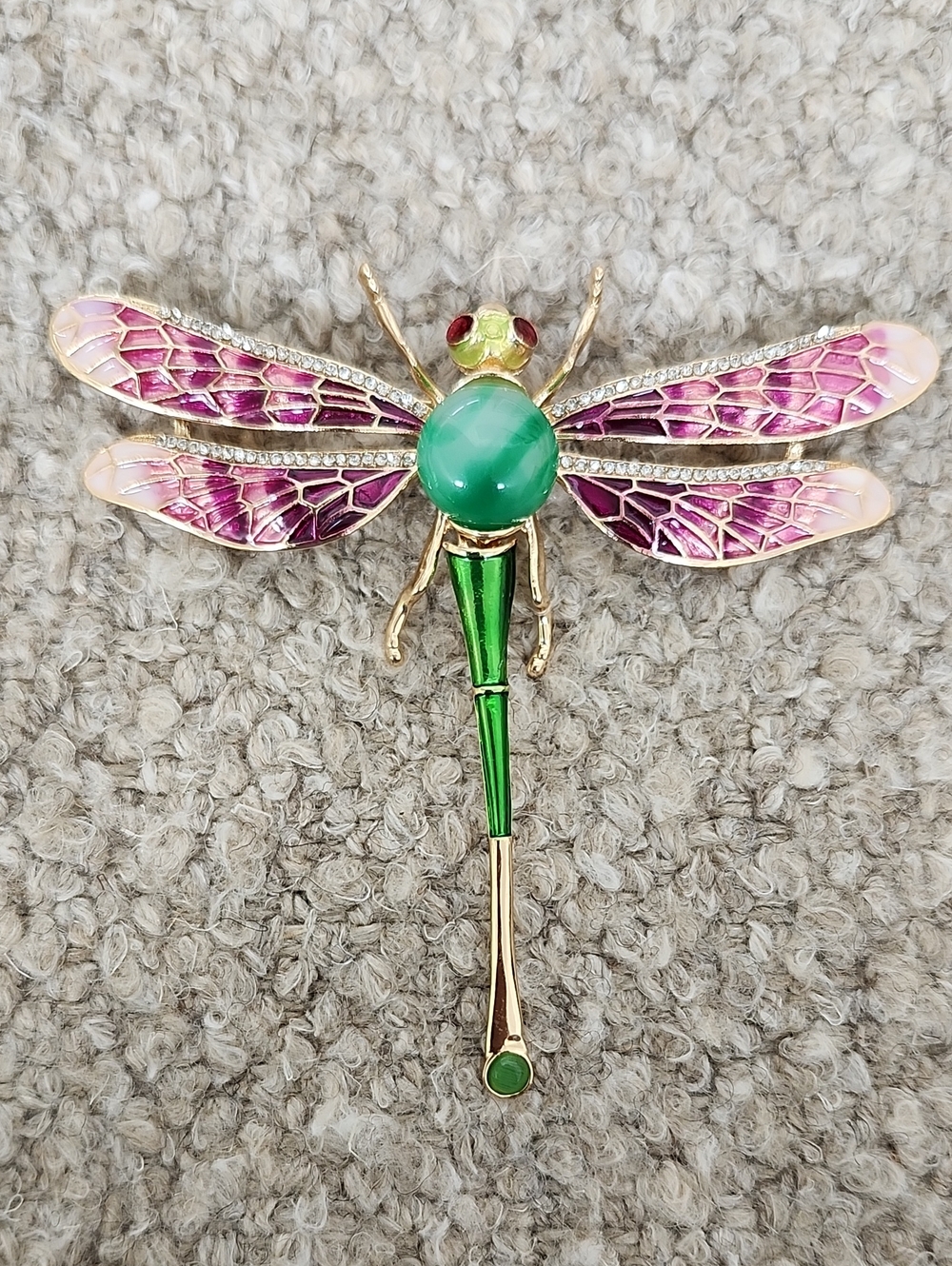 Dragonfly Brooch Pin with Green Body and Purple Wings